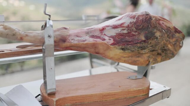 Traditional spanish jamon iberico leg presentation