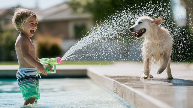 Young boy with blonde hair sprays water from a toy water gun at a golden retriever dog playing near a swimming pool on a sunny day in a residential backyard