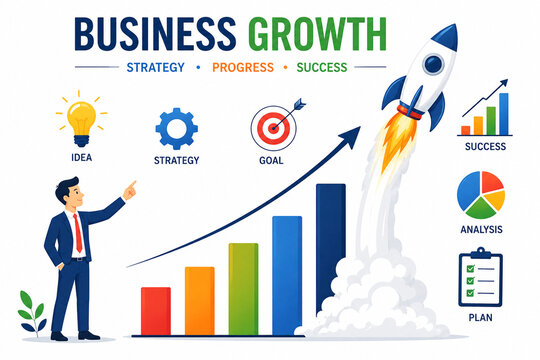 Business Growth Strategy Infographic with Rising Bar Chart and Rocket