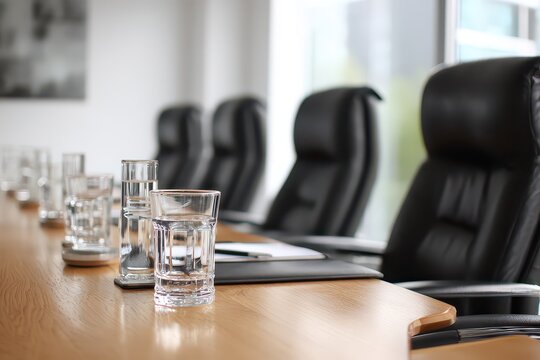 Professional Boardroom With Polished Wooden Table Rows of Leather Chairs and Water Glasses Ready for a Meeting Elegant Corporate Setting with Natural Light Streaming Through Large Windows