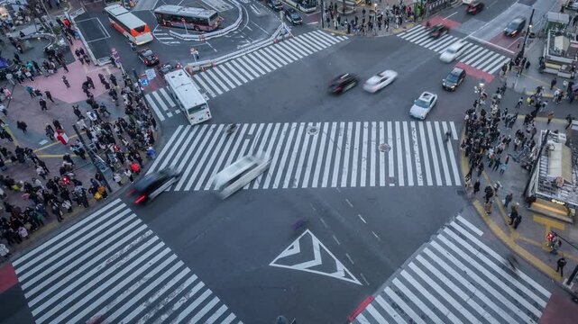 Shibuya crossing with people, timelapse aerial view in Tokyo, Japan, zooming in.	