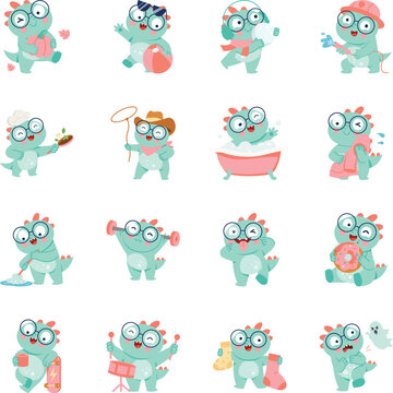 Cute dinosaur characters featuring autumn, beach, winter, occupations, hygiene, fitness, food, music, fashion, and spooky emotions.
