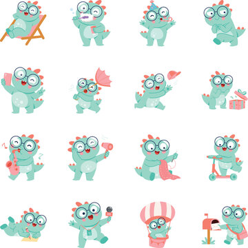 Dinosaur character illustrations featuring relaxation, hygiene, parties, weather, space, gifts, music, crafts, travel, writing, media, mail.
