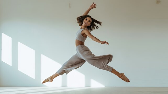 young woman jumping in studio