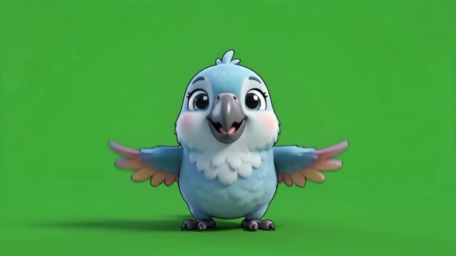 Cute animated blue bird with outstretched wings on a vibrant green screen background, perfect for compositing.