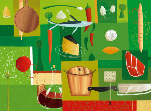 Colorful Cooking Ingredients and Kitchen Tools Collage &ndash; Food Illustration