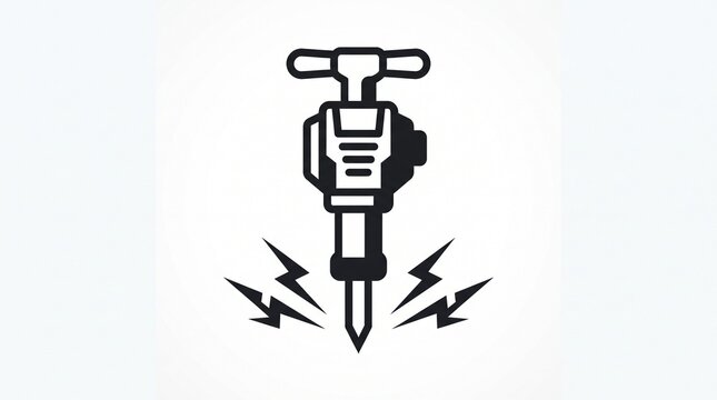 Jackhammer icon in bold black line art, pneumatic drill symbol for construction, industrial power tool graphic on white background