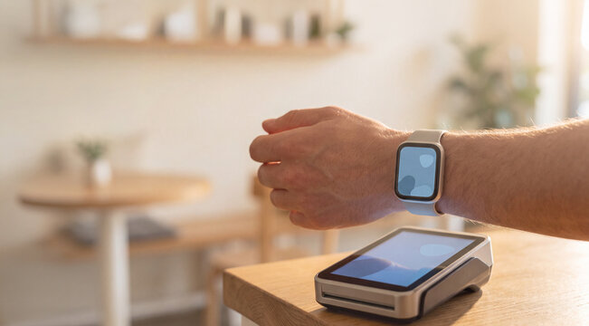 Smartwatch Making Contactless Payment at POS Terminal in Modern Cafe for Cashless Transaction Concept