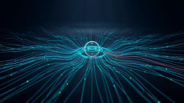 A glowing central sphere connected to numerous branching blue light trails and data lines on a dark background, representing network flow.