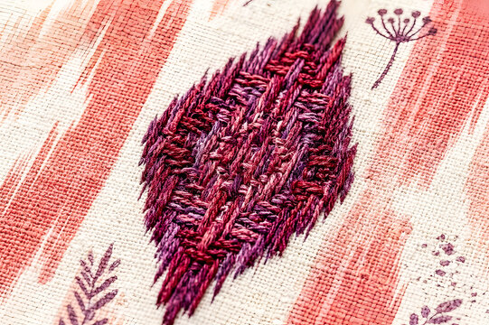 Detailed purple diamond embroidery on elegant floral textile fabric