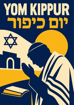 099-27-Yom kippur symbols with shofar, open book, and synagogue under moon