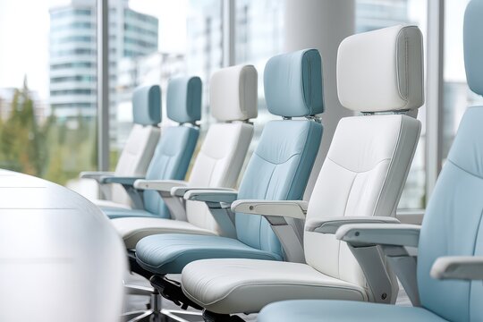 Row of empty modern ergonomic conference chairs in white and light blue leather beside a polished conference table in a bright boardroom with large windows overlooking a city skyline during the