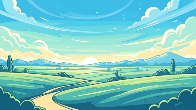 A landscape showing rolling green hills and a winding path leading towards distant mountains under a bright blue sky