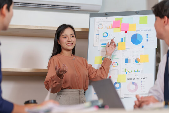Asian businesswoman presenting artificial intelligence data and budget chart in office meeting