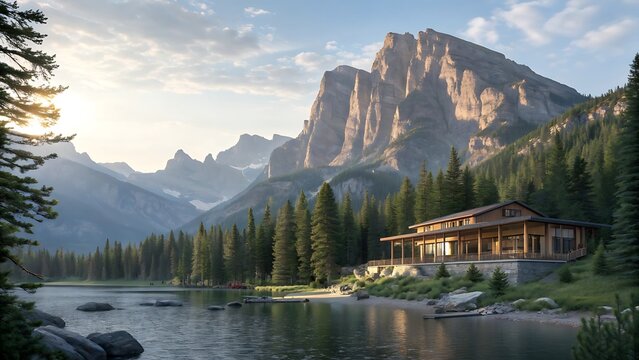 A beautiful modern wooden house located on the shore of a mountain lake during a scenic sunset