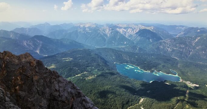 Panoramic view from Zugspitze over Eibsee and mountain landscape