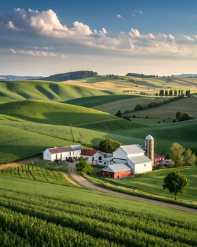 A serene farm nestled in lush green rolling hills under a beautiful sunset sky