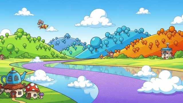Fantasy landscape with colorful rolling hills, a purple river, mushroom houses, a teapot home, and a flying vehicle in a bright sky