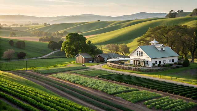 Beautiful rural landscape with rows of green crops and a white farmhouse on rolling hills during golden hour