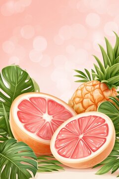 Tropical fruit arrangement with grapefruit slices and pineapple on pink bokeh background