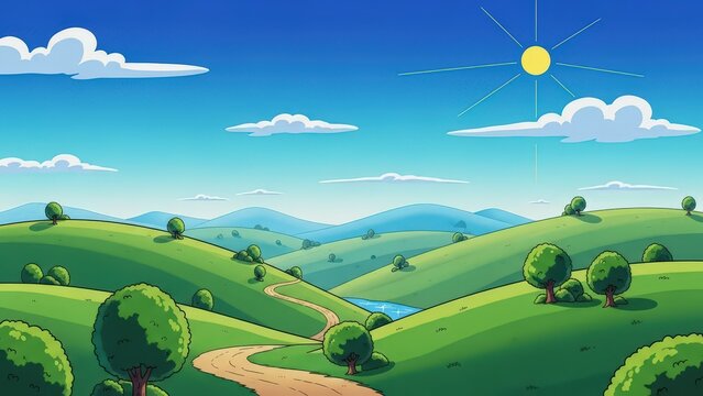 Sunny landscape with rolling green hills, a winding dirt path, distant blue mountains, and a bright yellow sun in a clear blue sky