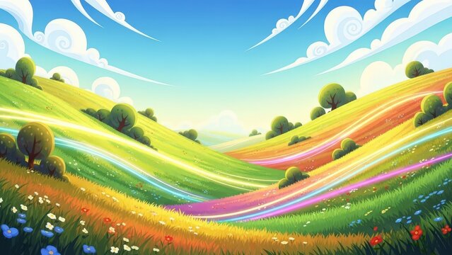 Vibrant cartoon landscape with rolling hills, colorful flower fields, lush green trees, and a bright blue sky with swirling clouds in the background