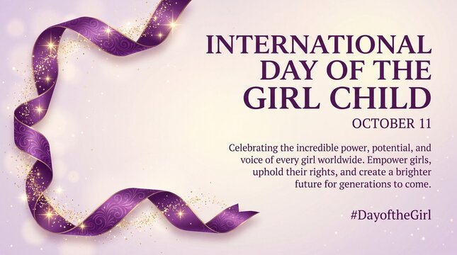International day of the girl child october 11 celebration banner with purple ribbon isolated on white background