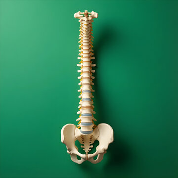 Spine health and back pain relief, human vertebral column model with pelvis on a green background for chiropractic and medical concepts
