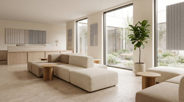 Modern minimalist hotel lobby reception lounge with modular sectional sofa wooden side tables and courtyard view