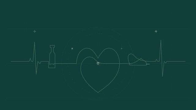 Abstract green heartbeat pulse line animation with heart shape and medical icons