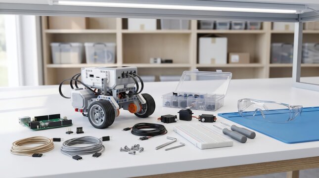 Programmable educational robot and various electronic components and sensors laid out on a laboratory workbench with robotics kit