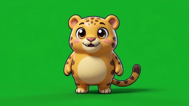 Cute cartoon leopard cub standing on a vibrant green screen background, adorable and playful character design.