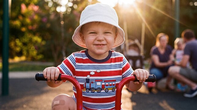 Smiling toddler boy in bucket hat playing on red playground ride