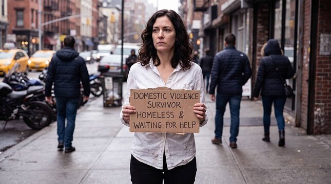 Woman holding cardboard sign about domestic violence and homelessness on city street