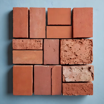 Construction and building materials concept, various red clay bricks arranged on a light blue background, architectural design elements