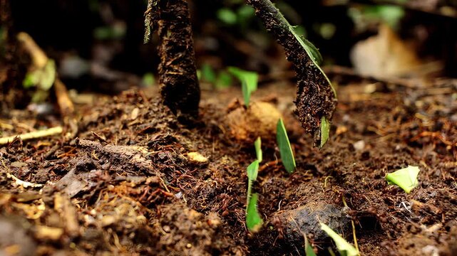 Leafcutter ants meticulously carry green foliage across forest floor