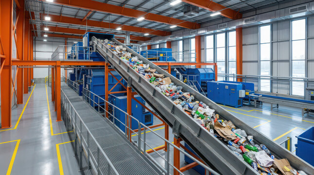 Industrial waste sorting facility conveyor belt moving mixed recyclable inside generated using ai