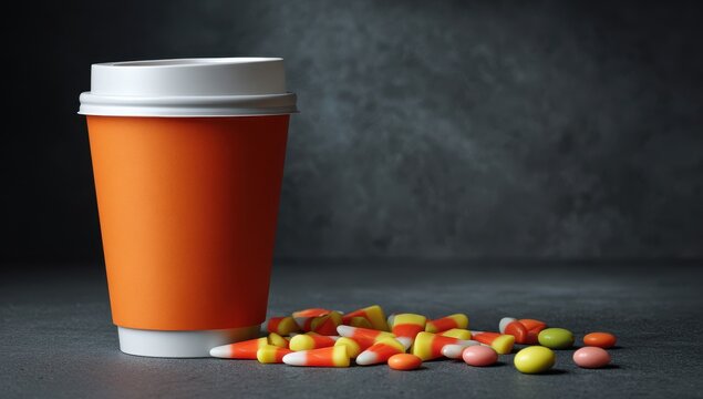 Orange Paper Coffee Cup With White Lid And Pile Of Candy Corn On Dark Textured Background