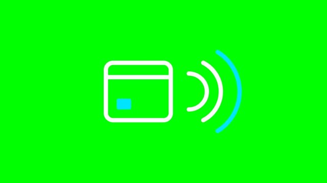 Contactless payment card icon animation featuring radio signal waves on green background