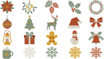 Fototapeta premium Set of various hand drawn christmas elements including ornaments reindeer snowman gifts and snowflakes for festive holiday design project decorations