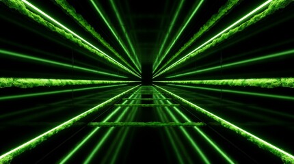 Naklejka premium Green neon futuristic corridor with glowing moss texture beams in dark tunnel perspective abstract 3d render