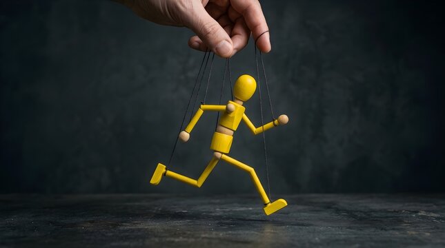 A puppet controlled by a hand mimics running, symbolizing control and manipulation