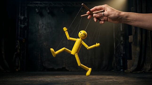 Hand Pulling Yellow Stick Figure Marionette Puppet On Strings On Dark Stage