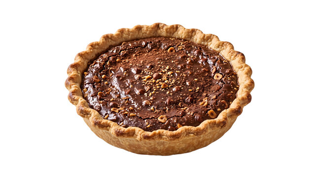 Delicious chocolate pecan pie with a golden crust isolated on transparent background