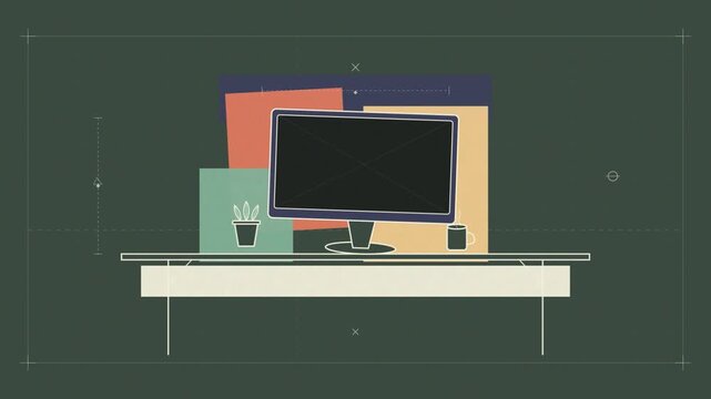 Animated workstation desk with computer monitor and abstract shapes