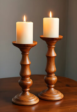 Warm candlelight and cozy ambiance, two wooden candle holders with burning candles on a dark table, home decor and relaxation