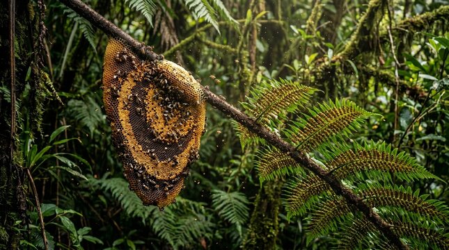 Beehive hanging on branch in lush green tropical jungle forest