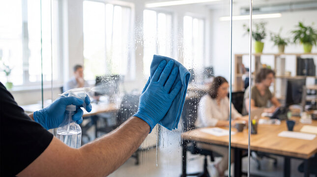 Worker Cleaning Glass Office Partition with Spray and Microfiber Cloth in Modern Workplace