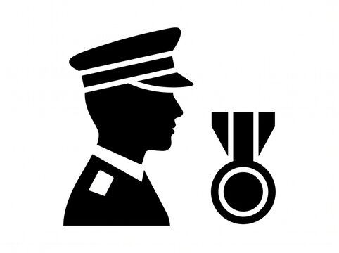 Military officer silhouette with medal icon. Soldier in uniform profile, army veteran honor symbol, black and white security personnel graphic.