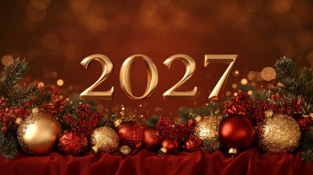 Golden 2027 numerals with red Christmas ornaments